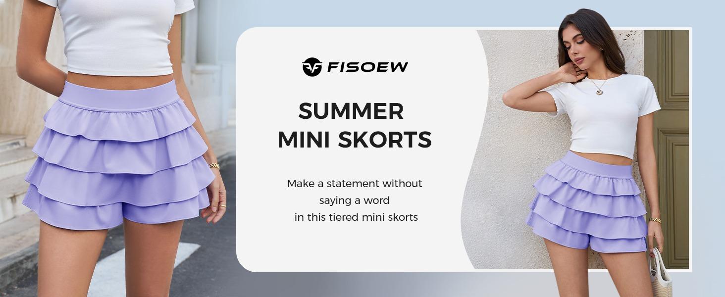 Fisoew Womens Summer Mini Skirts Casual Ruffle Tiered High Waisted Y2K Skorts Yoga Tennis Skirt Built-in Shorts & Pockets