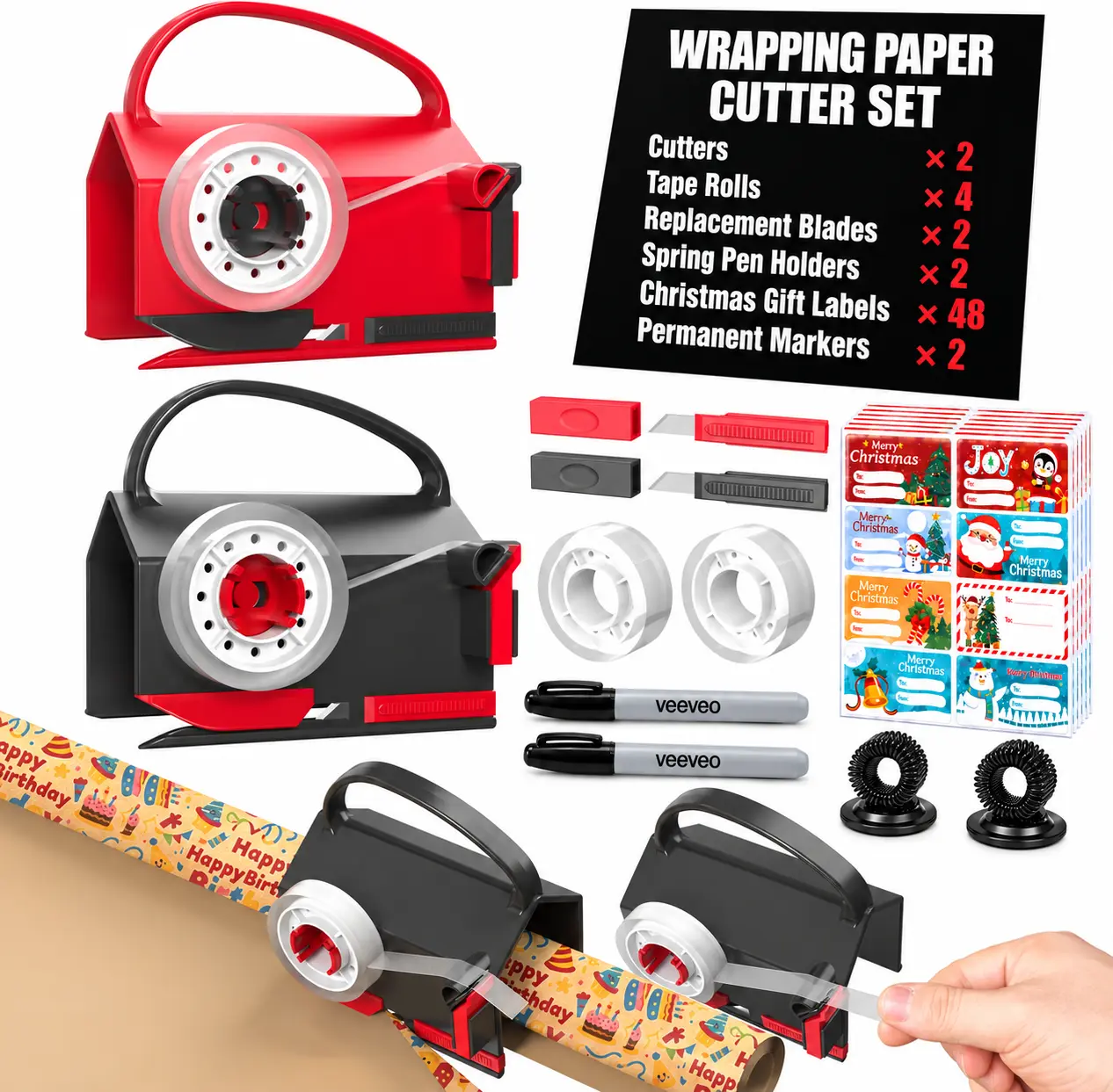 Veeveo 2-in-1 Wrapping Paper Cutter & Tape Dispenser, 2-Pack for Christmas Gift Wrapping; Accessory Set Option: 4 Tape Rolls, 2 Replacement Blades, 2 Pen Holders, 2 Markers & 48 Gift Labels (6 Sheets)