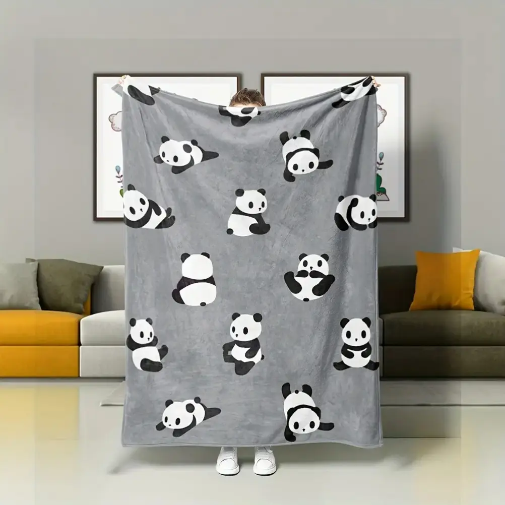 Luxury Flannel Fleece Gray Panda Print Blanket - 280GSM Soft Plush All-Season Cozy Throw for Bed, Sofa, Perfect Birthday Gift & Charming Home Decor