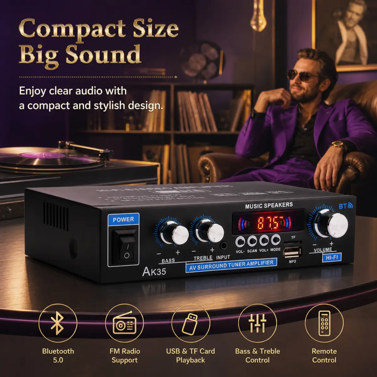AK35 Mini Bluetooth 5.0 Amplifier - Hi-Fi Speaker Enhancer with FM Radio, USB/SD Card Support, Remote Control for TV/PC Use