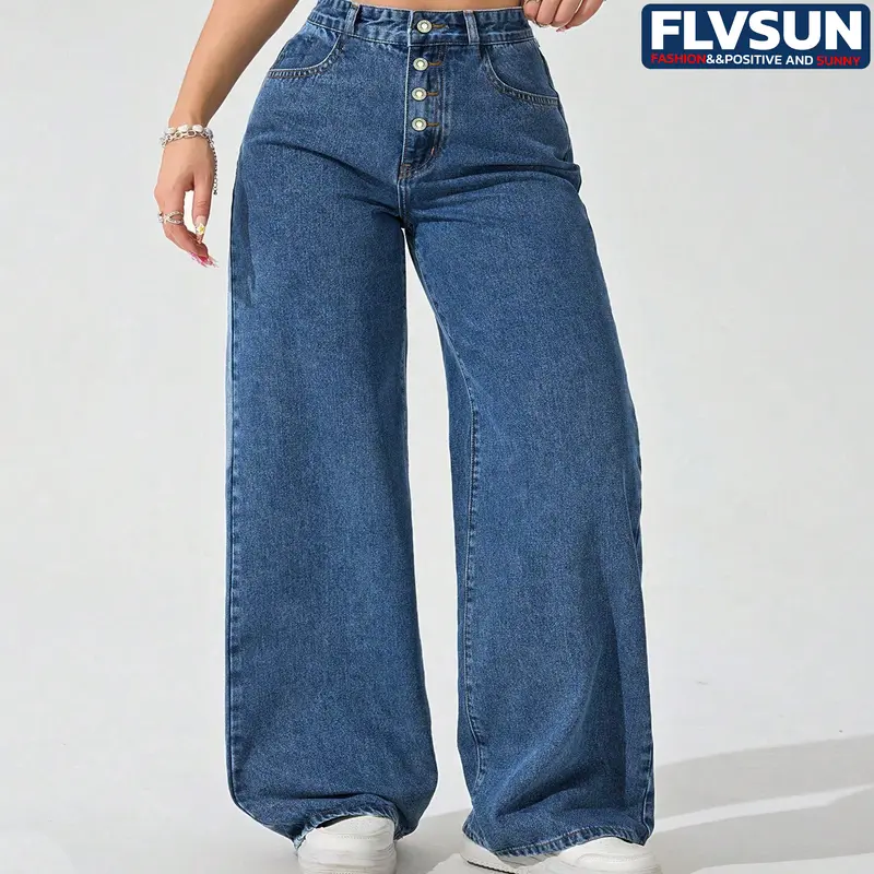 Flvsun Women's Mid-Rise Stretchy Wide Leg Boyfriend Crop Jeans - Washed Denim Style Casual Pants, Streetwear Bottoms with Functional Pockets, Light Blue Basics for Women