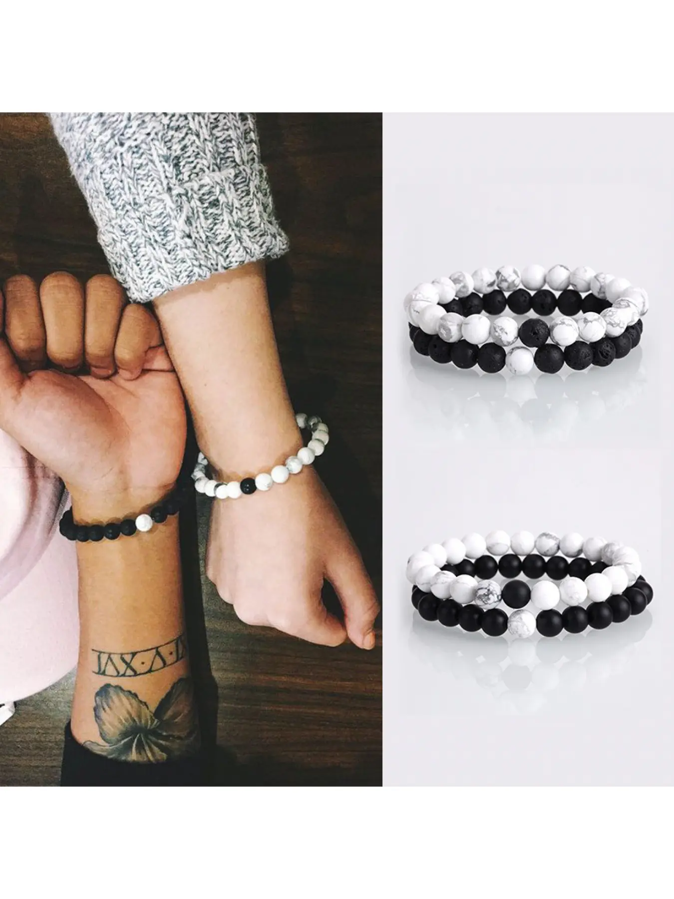 Couple Distance Bracelet Set - Beaded Jewelry Matte Black Onyx & White Howlite Yin Yang Beaded Bracelets Set for Him and Her