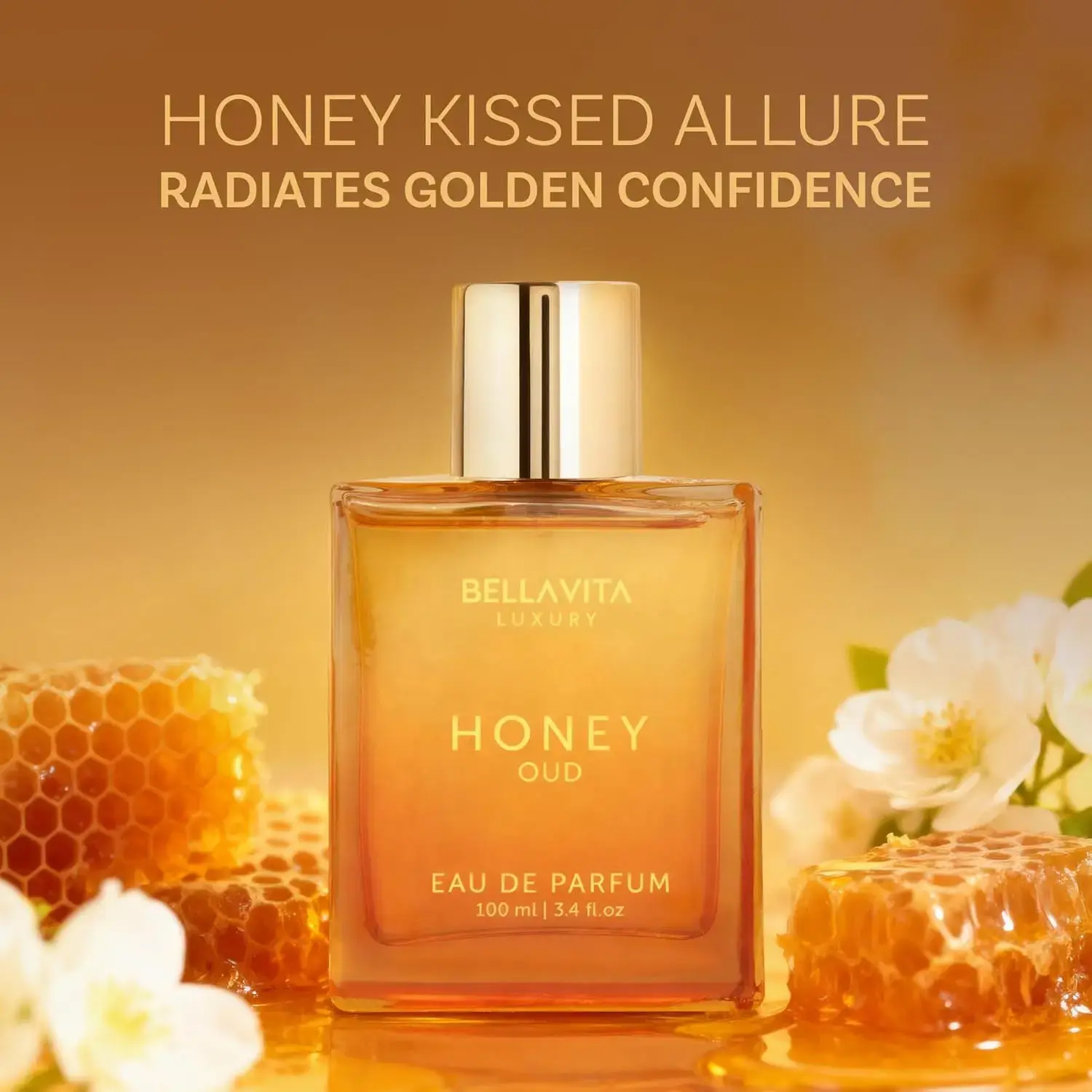 BellaVita Luxury Honey Oud Eau de Parfum (3.4 fl. oz.) | Patchouli, Vanilla, Bergamot, Floral & Spicy + Vegan Essentials Oils | Best gift for Valentine's Day | Long-Lasting Unisex Fragrance