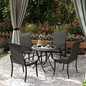 Outsunny Set of 4 Outdoor Wicker Dining Chairs with Armrest, Steel Frame, Highback and Deep Seating, Brown