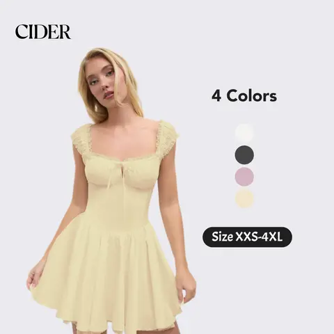 Cider Women's Casual Party Dress - Girly Style, Woven Fabric, Sweetheart Neck, Lettuce Trim, Ruffle, Knotted Detail, Mini Length, 4 Colors, Sizes 0-26