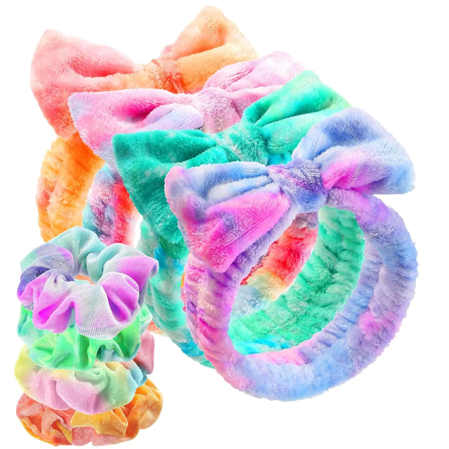 Teen Girls' Luxe Microfiber Fleece + Velvet Spa Headband & Scrunchie Set - 4 Tie-Dye Print Soft Fleece Headbands, 4 Velvet Scrunchies - Fluffy Texture, Absorbs Water, Stays Dry, Secure Hair Hold Hair Accessories for Face Wash, Birthday