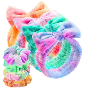 Spa Headband Set for Teen Girls - 4pcs Tie-Dyed Microfiber Fleece & 4pcs Velvet Scrunchies for Face Wash Skincare Makeup and Spa Days - Soft Fluffy Absorbent Hair Accessories