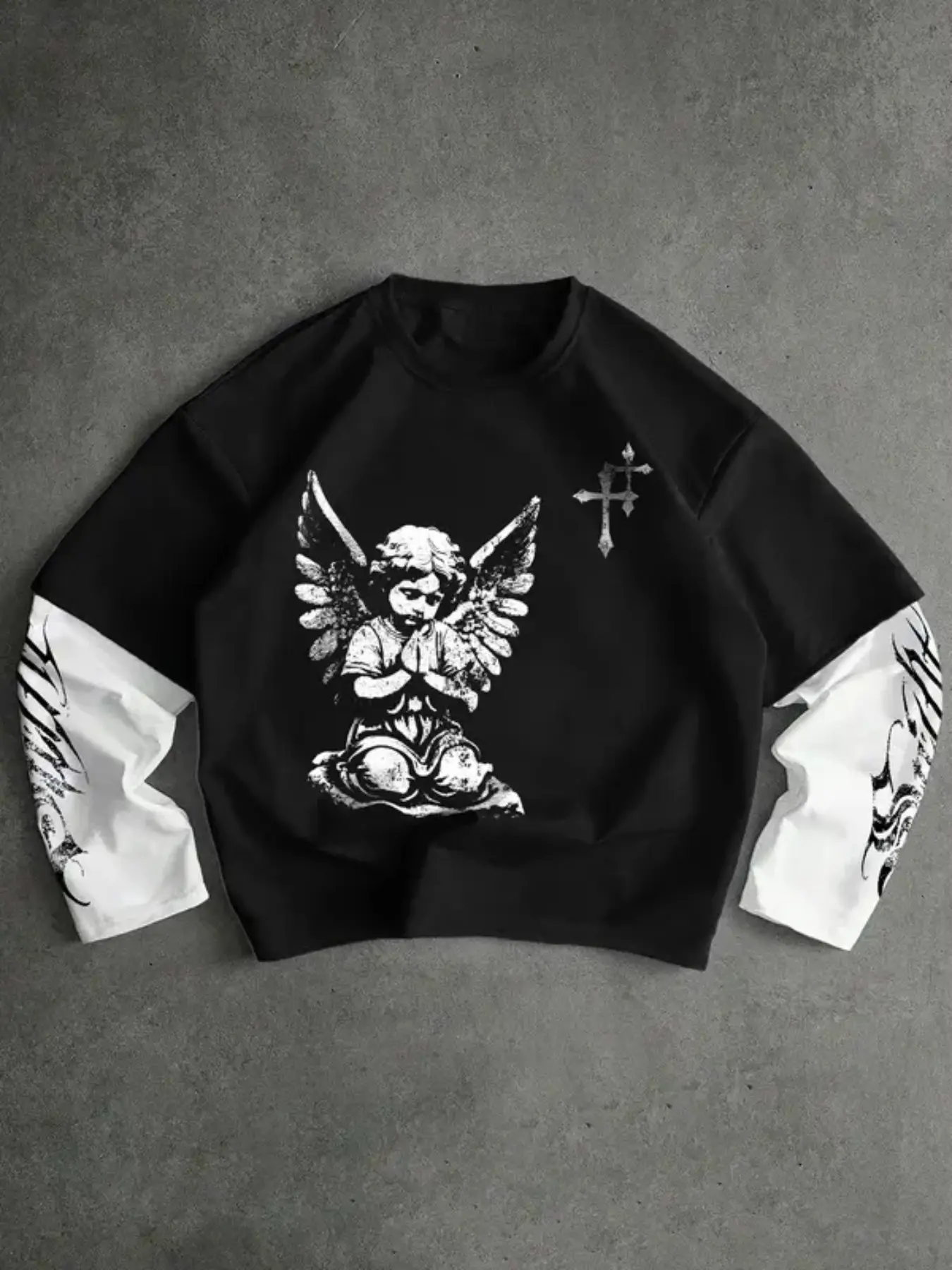 Unisex and Angel Print Hoodie, Graphic Design with Cross Detail, Color Block Sleeve, Soft Comfortable Fabric for Casual Wear, Fitted