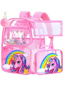 3Pcs Pink Clear Backpack for Girls, kids Transparent Bookbag, Heavy Duty PVC See Through Backpack Set(Pink Unicorn)