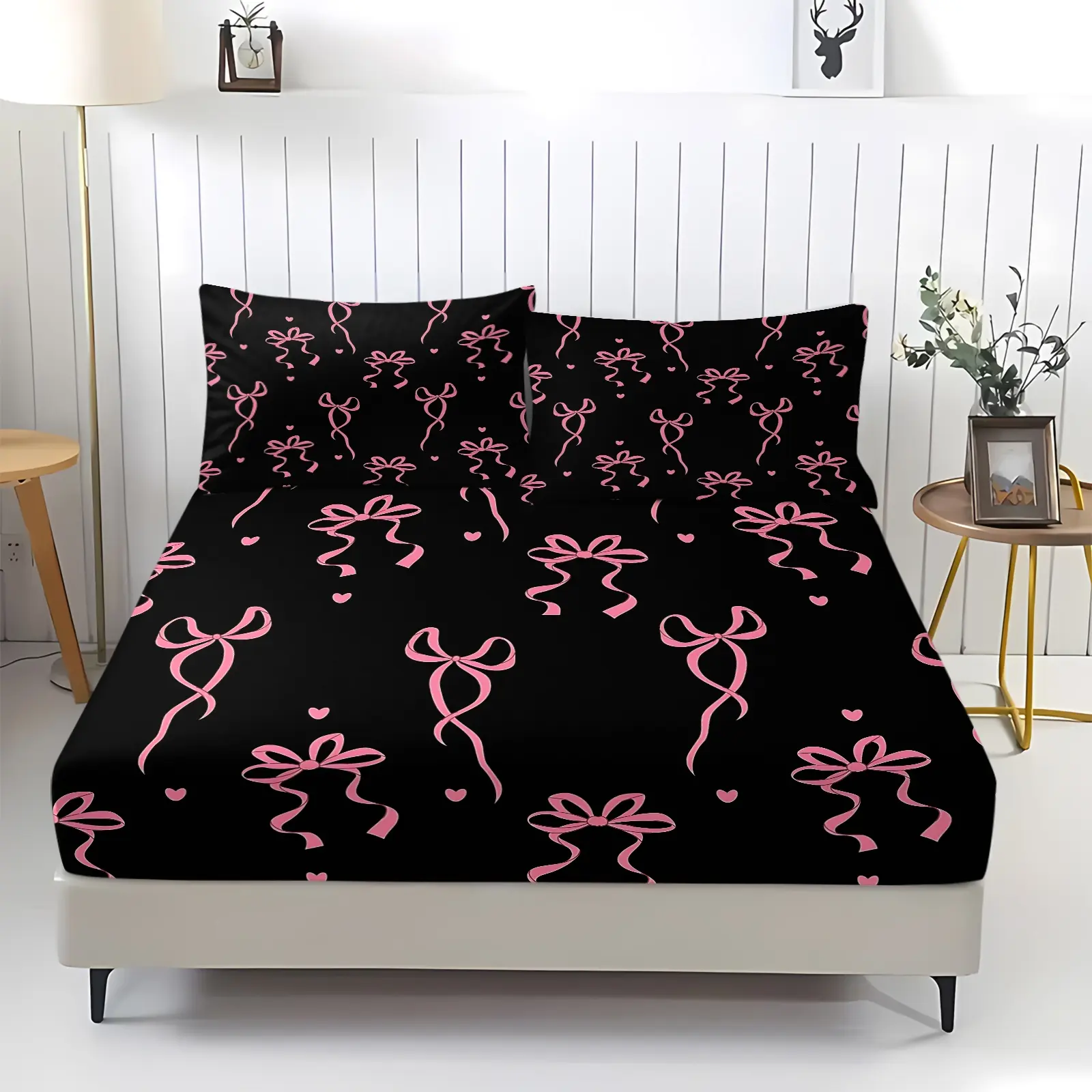 Korean Sweet Style Bed Fitted Sheet Set with Butterfly Print, Includes 2 Pillowcases, Romantic Bow Print For Perfect Bed Shots, Soft Washable Deform-proof Fabric, Full Wrap Anti-slip Mattress Cover,  Ins Style For Dorm & Bedroom
