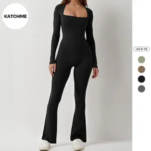 KatchMe Women's Sports Square Neck Long Sleeve Seamless Shaping Flared Jumpsuit, Minimalist Plain Butt-Lifting Shapewear, Basic Stretchy Womenswear