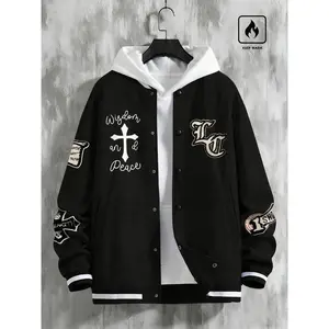 Printed Baseball Jacket with Cross & Wisdom and Peace Pattern, Cool Weather Warmth, Casual Street Style, Unisex Fashion Outerwear