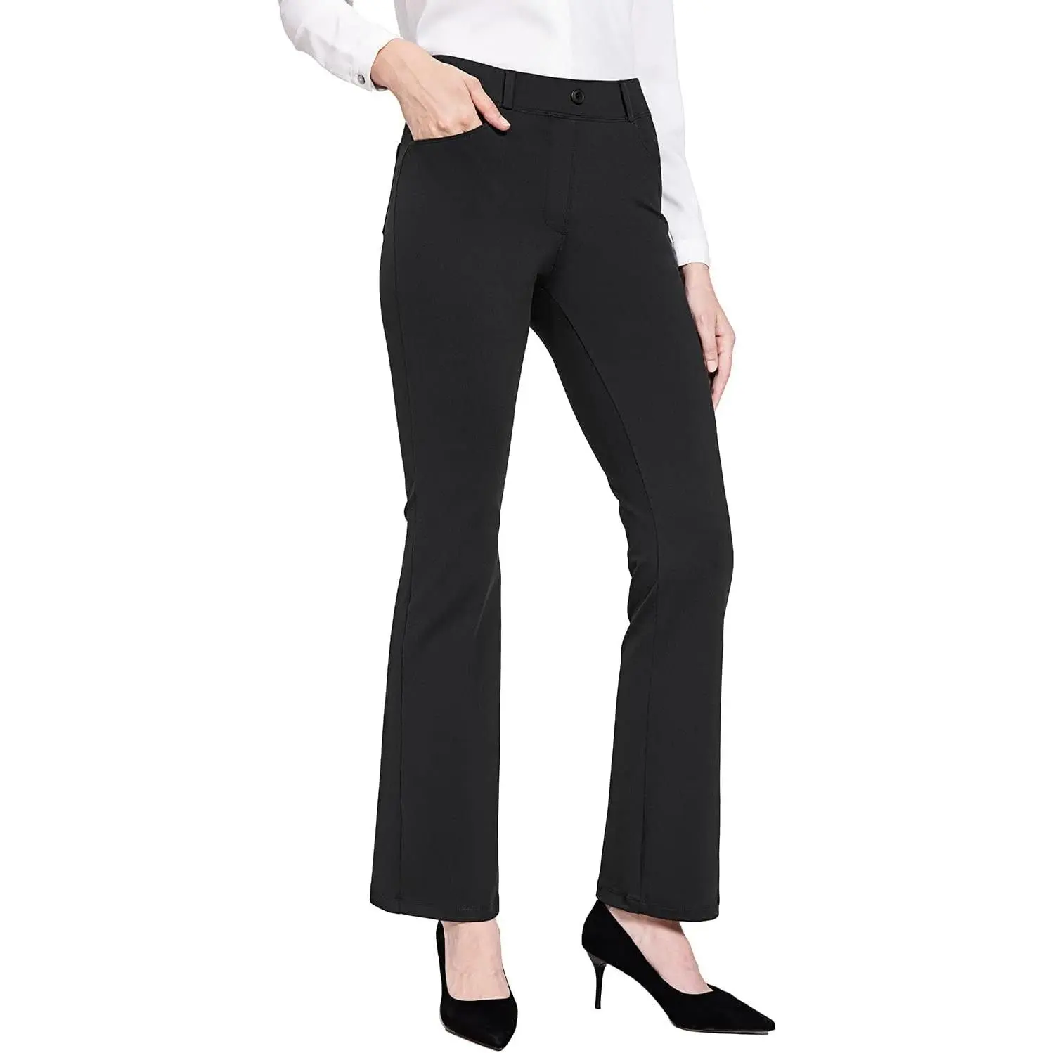 Baleaf Women's High-Waist Yoga Dress Pants - 29"/31" Soft Stretchy Spandex Fabric Bottoms with Belt, Button, Pockets for Business Casual Straight Leg Pull-On Work Wear