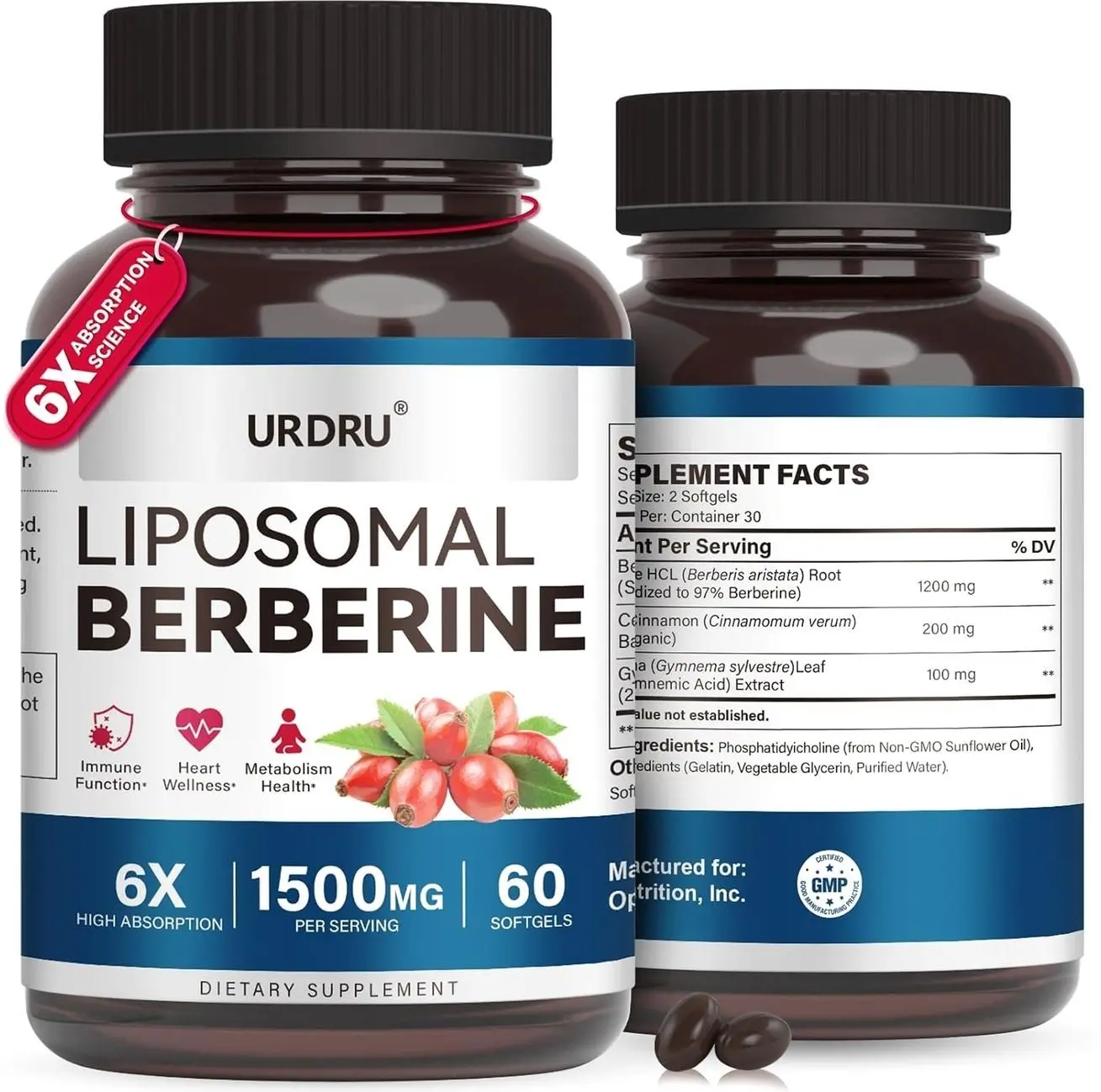 Berberine HCL Supplement 1500mg - with Ceylon Cinnamon & Gymnema, High Bioavailability Liposomal Berberine Capsules for Women and Men, AMPK Activator