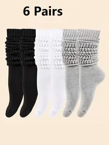 Women Slouch Socks 6 Pack, Soft Knit Scrunch Socks, Casual Stacked Crew Socks for Daily Wear, Comfortable and Stylish Footwear, Womenswear