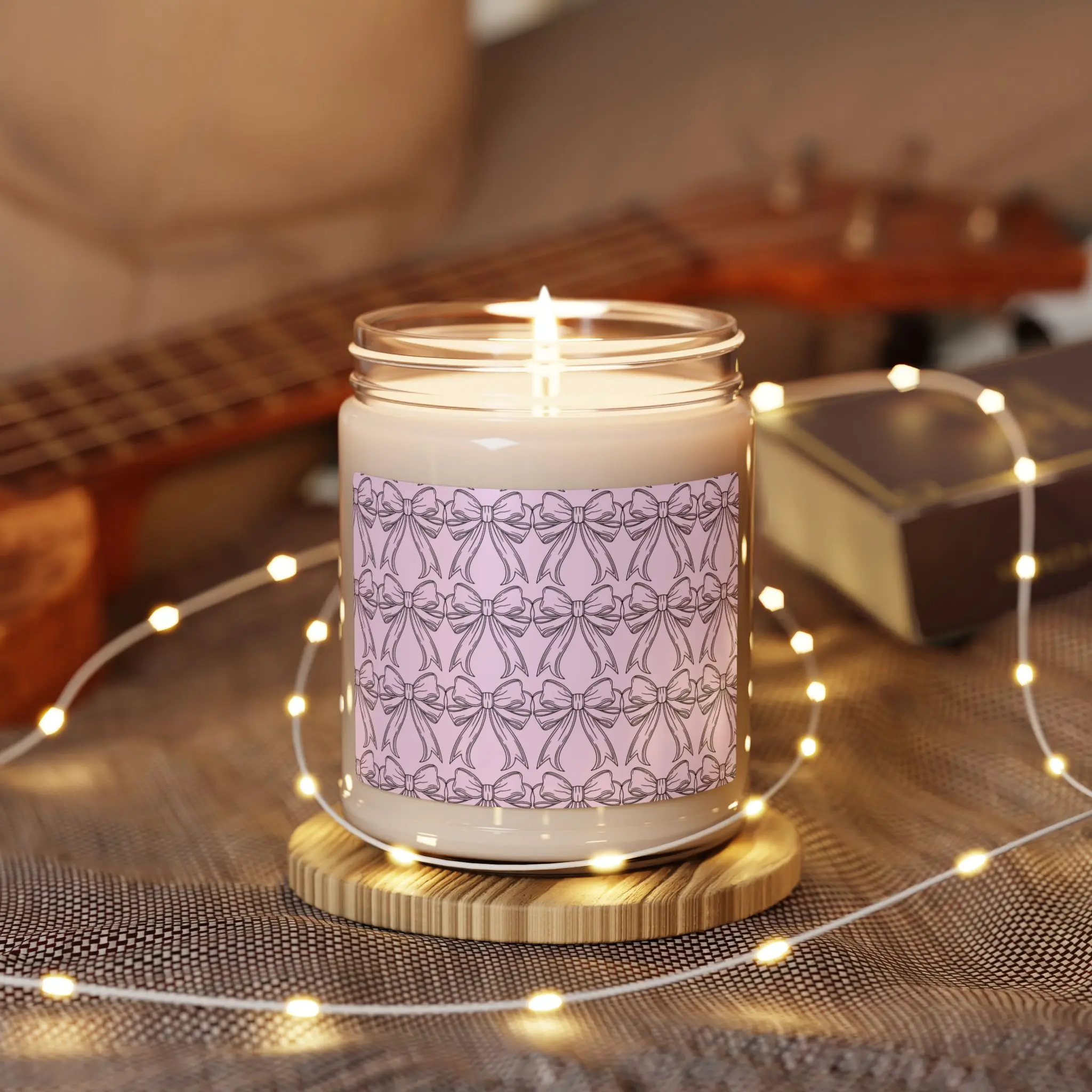 Chic Coquette Bow Patterned Soy Candle 9 oz Eco-Friendly Scented Spa Therapy Gift for Her Relaxing Aromatherapy Wedding Favor Decorative Birthday Gift Four Scents Sea Salt & Orchid Glass Cozy Ornaments Decoration Perfume