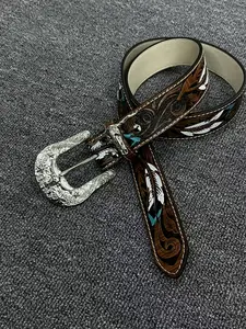 Vintage Carved Metal Buckle Tooled Leather Belt Waistband, Unique Design Ethnic Style, Trendy Hip Hop Fashion Accessory