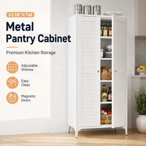 White Metal Pantry Cabinet with 4 Adjustable Shelves, Freestanding Kitchen Storage Cabinet with Doors, Tall Bathroom Storage Cabinet, Laundry Room Cupboard, Modern White Utility Cabinet for Kitchen, Dining Room, Living Room and Home Office