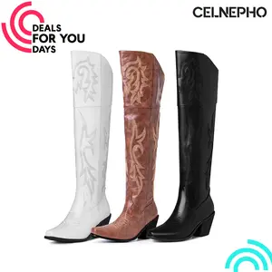 CELNEPHO Womens Cowboy Boots Pointed Toe Chunky Block Heel Side Zipper Closure Western Over The Knee Booties Vintage Embroidery Design Fashionable Boot Gifts for Work Party Country Wedding Summer Tall Trendy Dress Shoes Deals For You Days