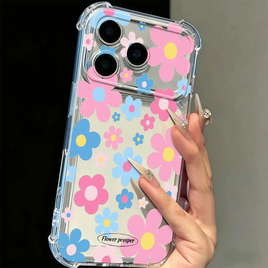 A Colorful "Dopamine" Floral Pattern Transparent Phone Case — Featuring Four-Corner Airbag Drop Protection; Compatible with iPhone 17 Pro Max/16/15/14/13/12/11 and S22/S23/S24/S25/S26 Series. An Ideal Birthday Gift Choice for Both Men and Women.