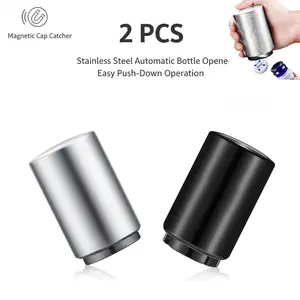 2Pcs Premium Beer Bottle Opener (Silver&Black), Stainless Steel Push Pull Cap Catcher, Metal Reflective Design, Automatic Beer Opener for Easy Use to Bar,Parties, Picnic Camping. Unique Gift Utensils summerwins