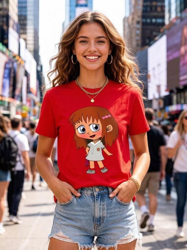 Women's Fitted Kawaii Cartoon Girl Graphic T-Shirt - Short Sleeve, Crew Neck, Cap Sleeve Option, Soft Lightweight Cotton, Comfortable Y2K Aesthetic Casual Top, Charming Graphics, Viral TikTok Sohochic Tee