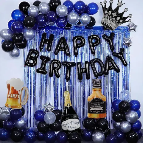 Blue and Black Happy Birthday Decorations for Men, Birthday Decorations with Banner, Fringe Curtains, Foil Balloons, Balloon Kits for 21st 25th 27th 30th 35th 40 50 60th Birthday Decorations