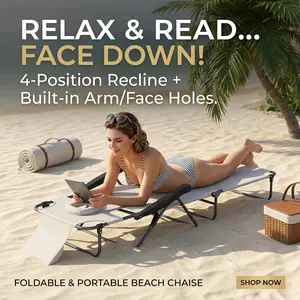 Outsunny Tanning Chaise Lounge Chair, 4-Position Beach Chair with Face & Arm Holes, Pillow headrest, Adjustable Sunbathing Chair, Cream White On-Site