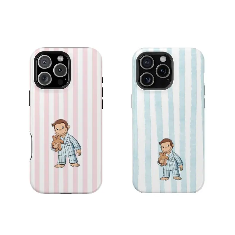 Curious George & Teddy Bear Cartoon Character Phone Case - Chic, Casual, Classic Striped Pastel Aesthetic, Durable Protective Cover for iPhone 16,15,14,13,12,SE,Max,Pro, Smartphone,Cellphone Casing, Cute Accessory, Iphone12