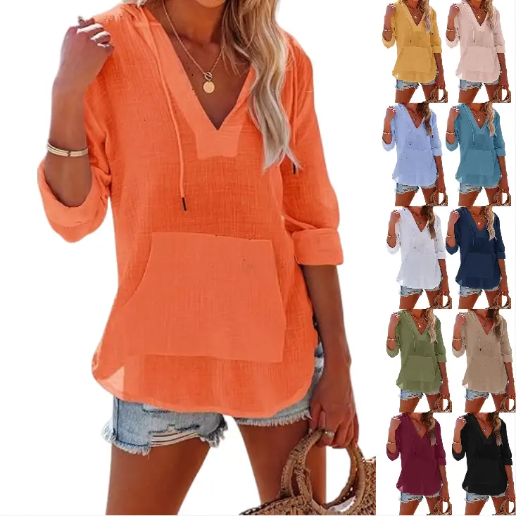Imily Bela Women's Beach Cover Up hoodies sweatshirt Long Sleeve V Neck Pocketed Hooded Shirt Top