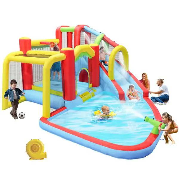 7-in-1 Inflatable Water Slide Park Bounce House, Outdoor Garden Playground Set with Splash Pool, Water Gun, Climbing Wall, Basketball Hoop & Soccer Goal, Slide Water Slides
