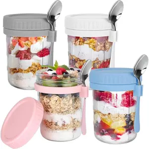 PLL 4 Pack Overnight Oats Containers with Lids and Spoons, 16 OZ Glass Mason Overnight Oats Jars, Large Capacity Airtight Jars for Milk, Cereal, Fruit Kitchen Utensils Birthday Colorful Stainless Steel Storage Thick Tin Canister