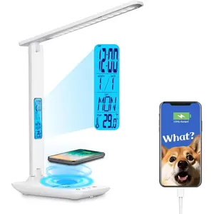 Multifunctional LED Desk Lamp with Wireless Charger,USB Charging Port,Clock,Phone Holder,Desk Lamps for Home Office,Eye-Caring Reading Lamp,Study Lamp for Boys,Girls,Teens,White