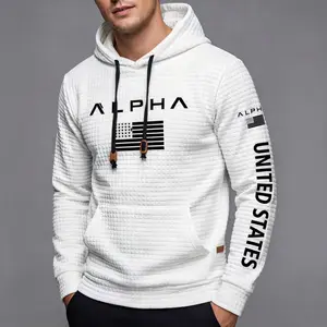 Men’s ALPHA USA Flag Hoodie | Waffle Textured Pullover Sweatshirt | Drawstring Hood + Kangaroo Pocket | Casual Streetwear