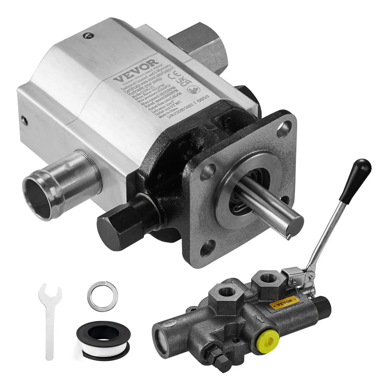 VEVOR 2-Stage Hydraulic Wood Log Splitter Gear Pump Kit, 16 GPM 4000 PSI Aluminum Hydropump, 1'' Inlet, 1/2'' NPT Threads, 3600 RPM, 1.5-Inch Shaft Length, Valve + Tools for Small Engine Mounting DIY Wood Splitters