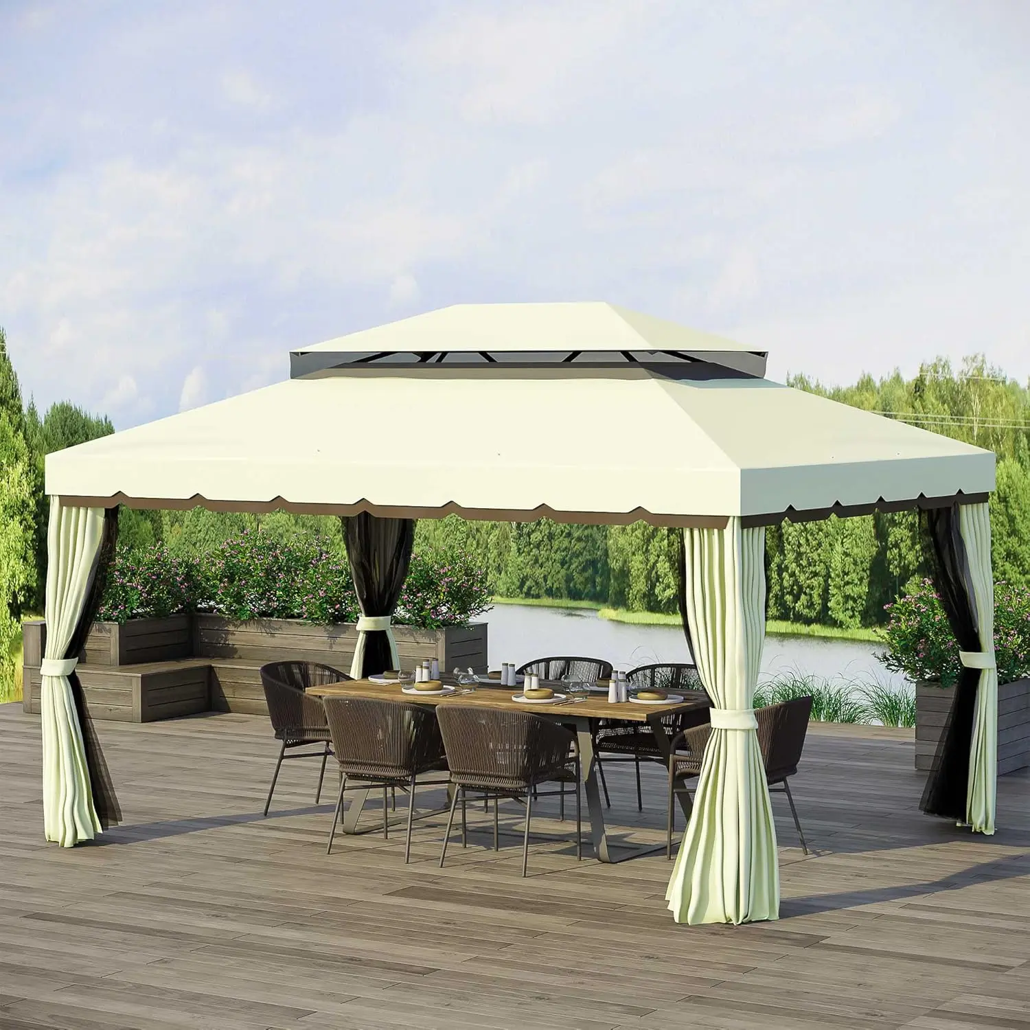 10x13 Patio Gazebo with Mosquito Netting & Curtains, Rust-Proof Aluminum Frame, Double Roof Outdoor Canopy Shelter, UV Protection, Backyard Garden Pergola for Lawn Deck Pool