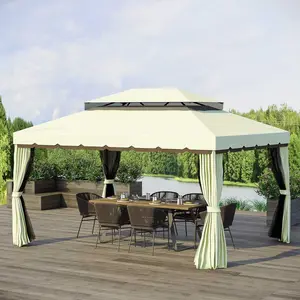 10x13 Patio Gazebo with Mosquito Netting & Curtains, Rust-Proof Aluminum Frame, Double Roof Outdoor Canopy Shelter, UV Protection, Backyard Garden Pergola for Lawn Deck Pool