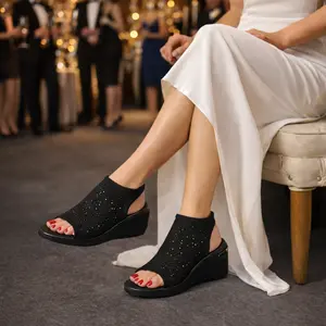 2026 Summer wedge sandals, open-toe high-heel platform elevated arch support sandals, waterproof women’s diamond-studded shoes, black fashionable footwear, simple and versatile outdoor vacation seaside beach shoes [with shoe box, arched spacer]