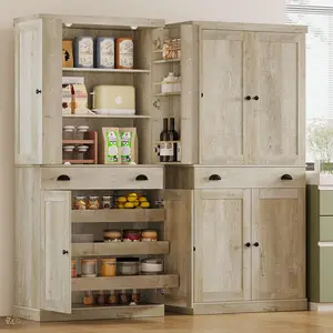 【2 Packages Shipping】IRONCK Kitchen Pantry Cabinet 72" Height, Freestanding Cupboard with Drawer, Sliding Storage Rack, and 6 Hanging Shelves for Dining Room, Laundry, Rustic Maple