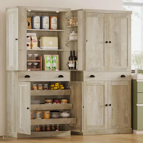 IRONCK 72.5-Inch Tall Storage Cabinet, Freestanding Kitchen Pantry with 3 Pull-Out Shelves, Large Drawer and 6 Door Racks, Rustic Cupboard for Dining Room & Laundry, Ships in 2 Boxes