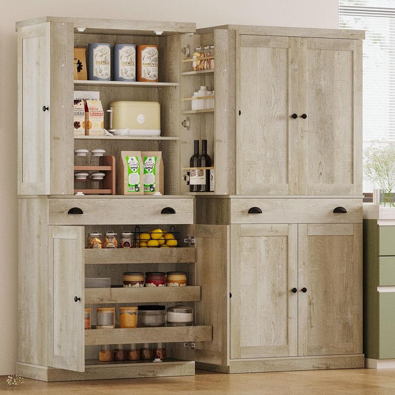 【2 Packages Shipping】IRONCK Kitchen Pantry Cabinet 72" Height, Freestanding Cupboard with Drawer, Sliding Storage Rack, and 6 Hanging Shelves for Dining Room, Laundry, Rustic Maple