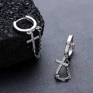 Men’s & Women's Silver Cross Dangle Earrings – Stainless Steel Huggie Hoop Earrings with Chain & Cubic Zirconi Cross Pendant, Gothic Punk Statement Jewelry Valentine's Day gift for Him