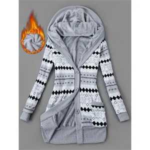 Fashionable Women's Geometric Pattern Knitted Long-sleeved Thickened Jacket, Mid-length Hooded Cardigan With Pockets, Lined With Fleece, Warm And Comfortable, Suitable For Outdoor Wear In Autumn And Winter, Women's Clothing Can be used with a raincoat