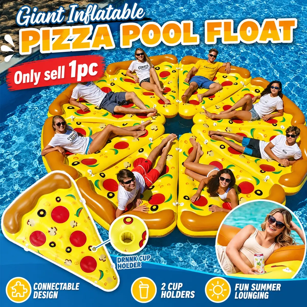 Giant Inflatable Pizza/Watermelon Pool Float, Inflatable Pool Raft, Pool Floats Raft, Adult Pool Lounger, PVC Water Floatie, Pool Float with Cup Holders, Summer Swimming Party, Beach Vacation Float, Pool Party Accessories, Outdoor Water Fun