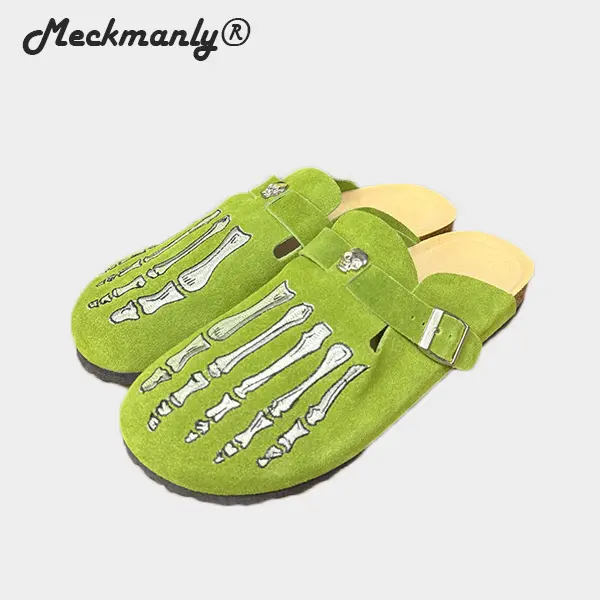 Men’s Foot Embroidery Suede Clogs Adjustable Buckle Slip-On Soft Footbed Casual Mules for Indoor Outdoor Daily Wear