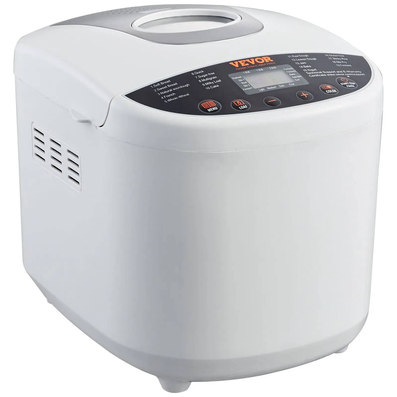 VEVOR Bread Maker, 19-in-1 2LB Dough Machine, Nonstick Ceramic Pan Automatic Breadmaker with Gluten Free Setting, Whole Wheat Bread Making, Digital, Programmable, 3 Loaf Sizes, 3 Crust Colors, White