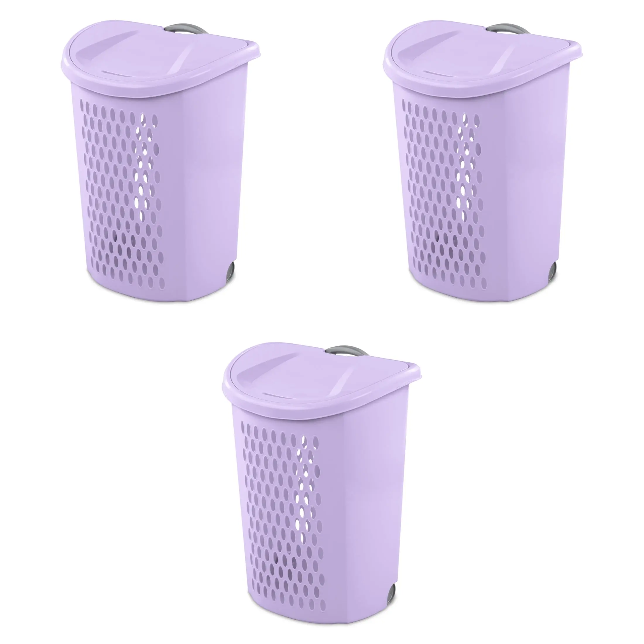 Ultra Large Wheeled Laundry Hamper 3 Pack, Plastic Laundry Basket with Wheels and Retractable Handle, 2 Bushel Clothes Hamper with Flip Top Lid, Lilac Laundry Storage Basket for Apartments and Dorm Rooms