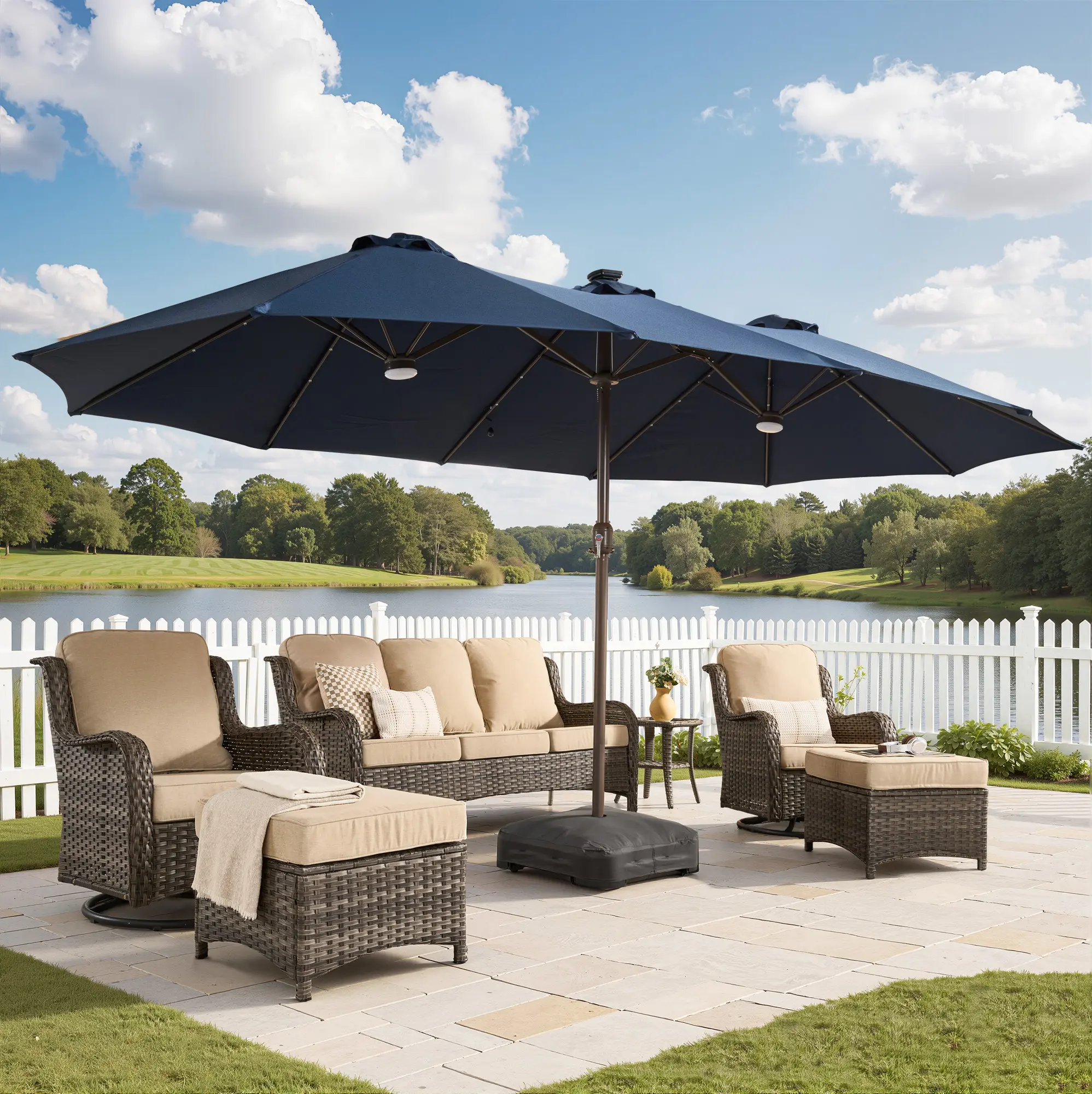 XIZZI 15FT Double-Sided Outdoor Umbrella with Solar Lights and Rectangle Base, Adjustable Canopy, Large Patio Market Warm Lighted Umbrella Suitable for Party & Barbecue in the Backyard and Garden or near the Pools