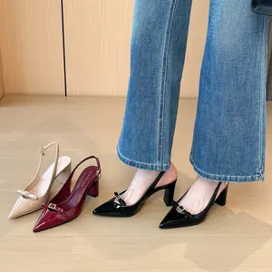 XINZHILAN Women's Slingback Heels, Pointed Toe Glossy Patent Pumps with Bow Buckle, Closed Toe Chunky Block Heel Dress Shoes for Office, Work, Wedding Guest, Party, Date Night, Business Casual, Elegant Slip On Back Strap Shoes for Jeans Dress Outfits