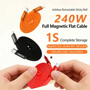240W Super Fast Charging Full Magnetic Flat Cable - Dual Type-C Magnetic Auto-Retractable Ultra-Thin Data Cable
